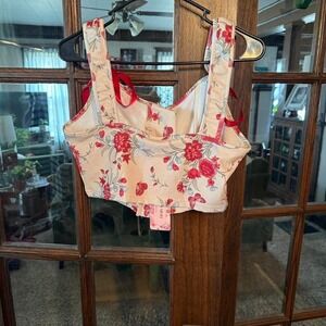 SHEIN MOD Floral Lace Up Corset Crop Top Red Pink Butterfly Large NWT